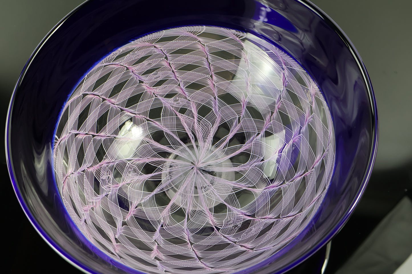 Handblown Blue Encalmo Footed Bowl with Pink Ribbon Canes