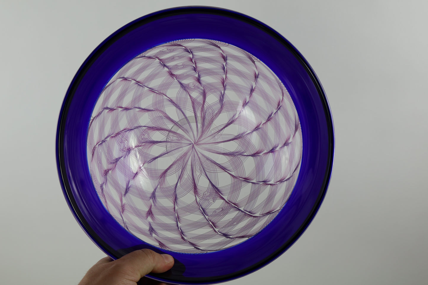 Handblown Blue Encalmo Footed Bowl with Pink Ribbon Canes