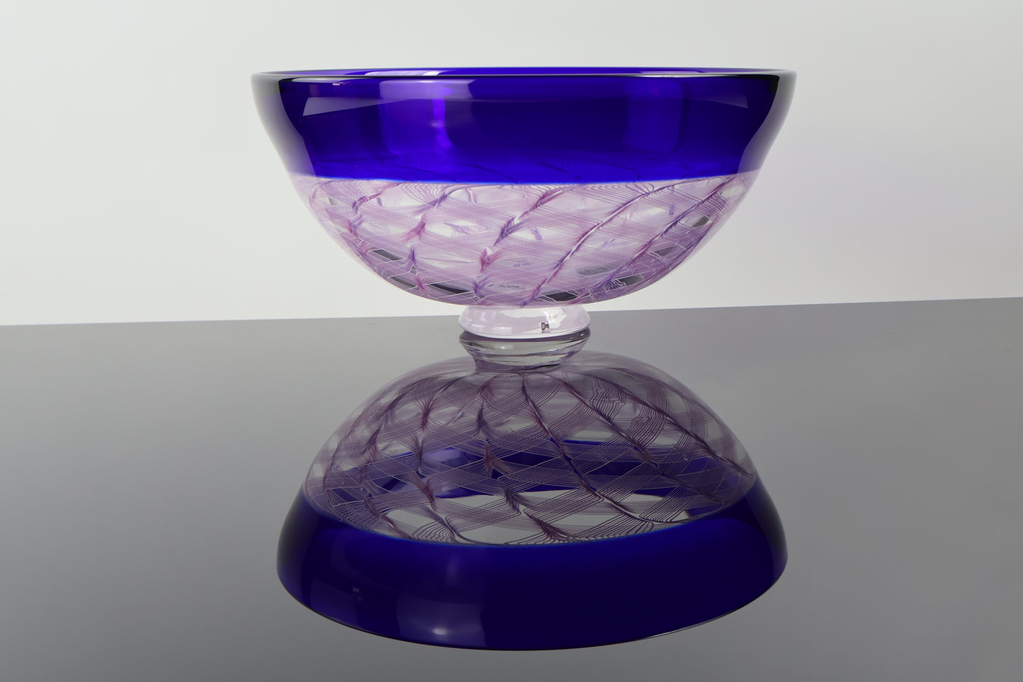 Handblown Blue Encalmo Footed Bowl with Pink Ribbon Canes